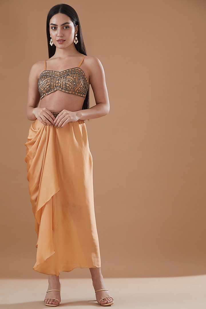 Rose Gold Satin Chiffon Draped Skirt Set by Bohame at Pernia's Pop Up Shop