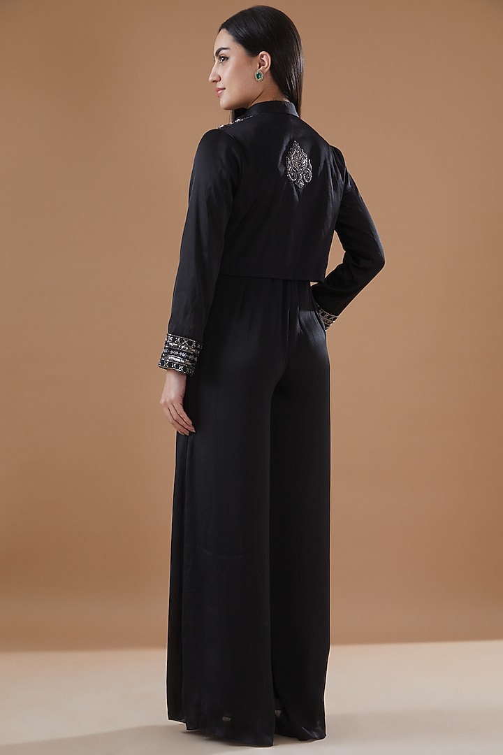 Black Satin Chiffon Hand Embroidered Jumpsuit With Jacket by Bohame at Pernia's Pop Up Shop