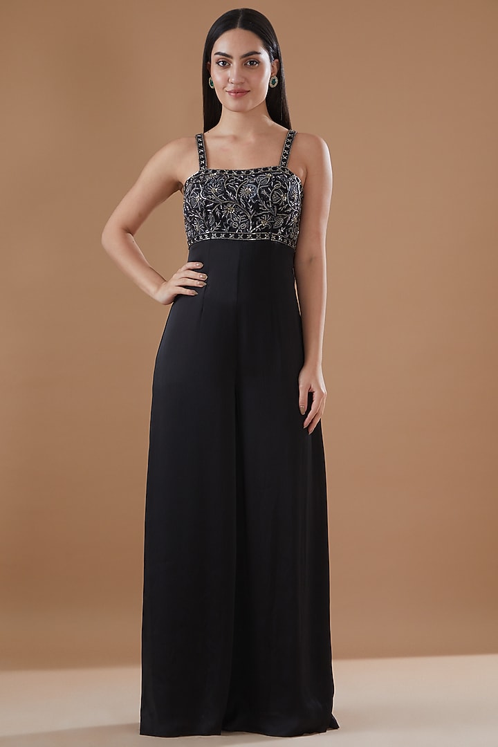 Black Satin Chiffon Hand Embroidered Jumpsuit With Jacket by Bohame at Pernia's Pop Up Shop