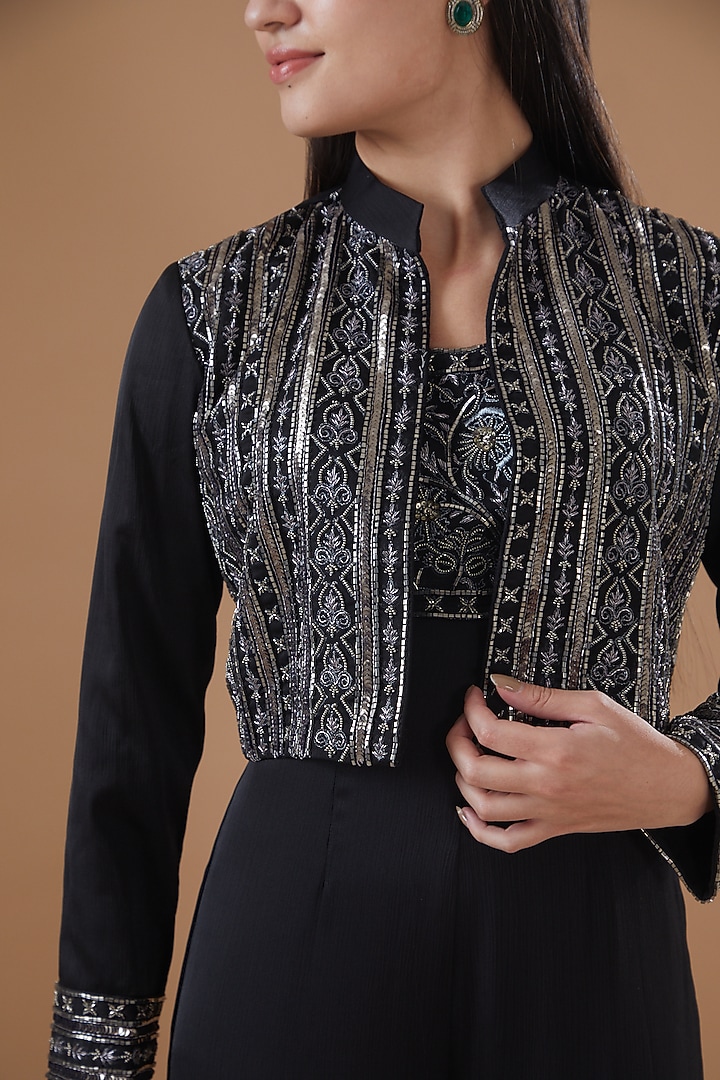 Black Satin Chiffon Hand Embroidered Jumpsuit With Jacket by Bohame at Pernia's Pop Up Shop