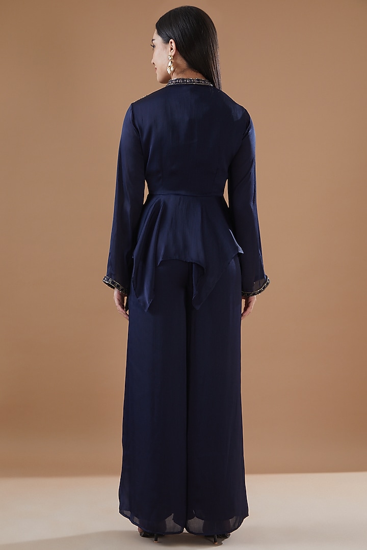 Navy Blue Satin Chiffon Flared Pant Set by Bohame at Pernia's Pop Up Shop