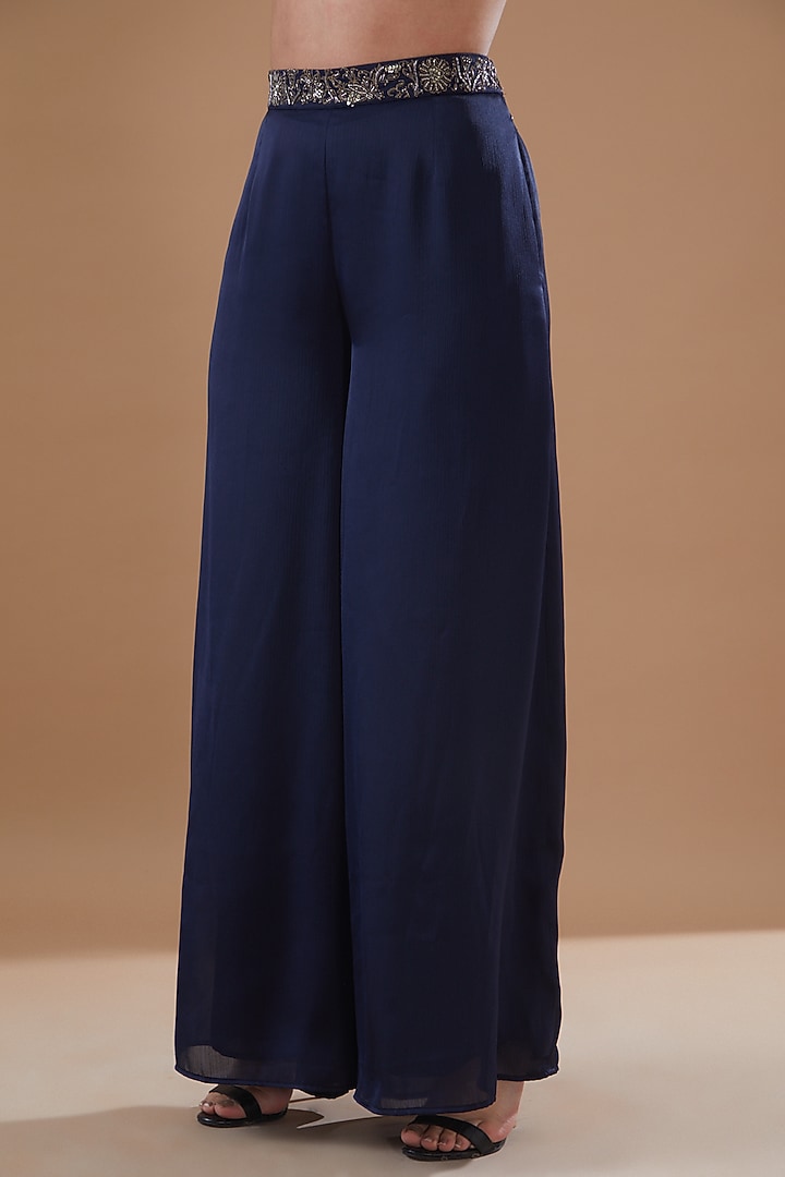 Navy Blue Satin Chiffon Flared Pant Set by Bohame at Pernia's Pop Up Shop