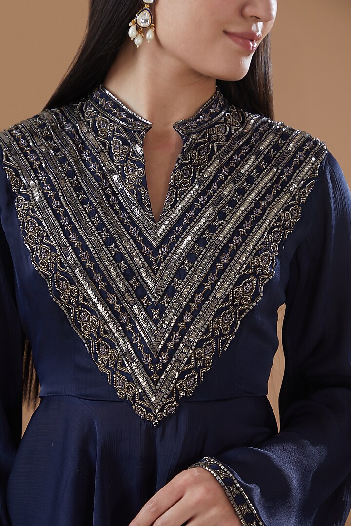 Navy Blue Satin Chiffon Flared Pant Set by Bohame at Pernia's Pop Up Shop