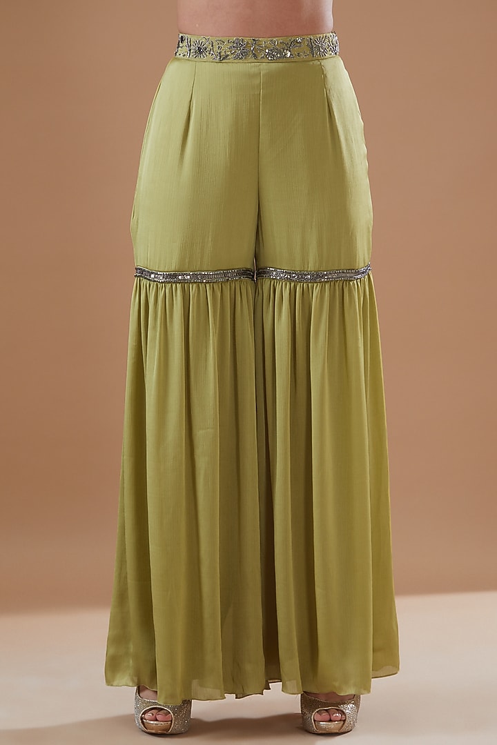 Sage Green Satin Chiffon Wedding Sharara Set by Bohame at Pernia's Pop Up Shop