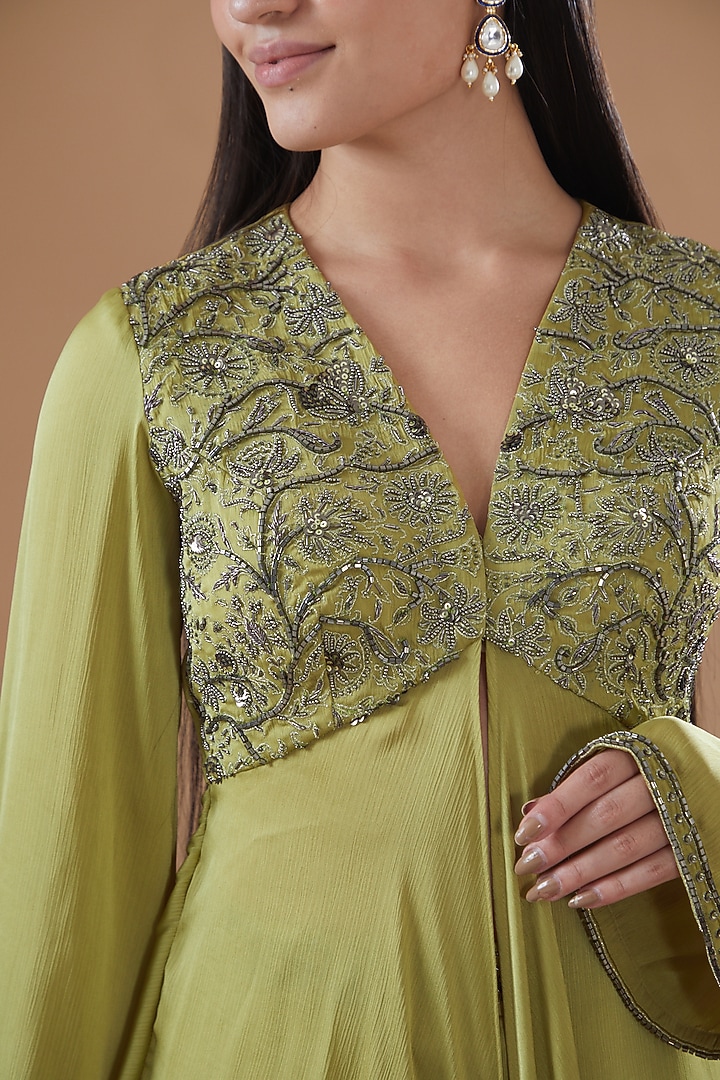 Sage Green Satin Chiffon Wedding Sharara Set by Bohame at Pernia's Pop Up Shop