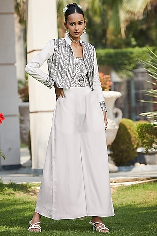 Off-White Dupion Silk Hand Embroidered Jumpsuit With Jacket by Bohame