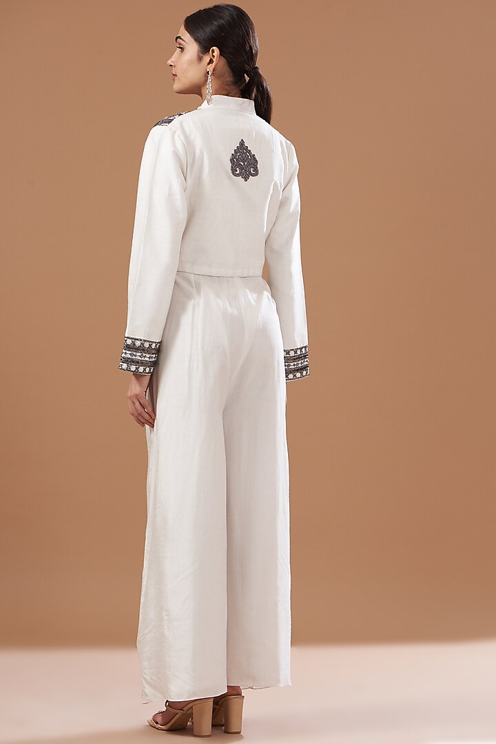 Off-White Dupion Silk Hand Embroidered Jumpsuit With Jacket by Bohame at Pernia's Pop Up Shop