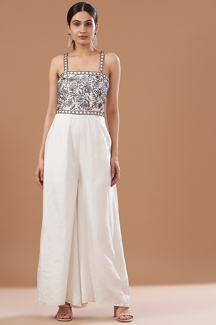 Off-White Dupion Silk Hand Embroidered Jumpsuit With Jacket by Bohame at Pernia's Pop Up Shop