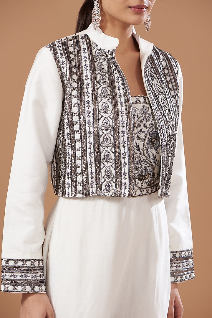 Off-White Dupion Silk Hand Embroidered Jumpsuit With Jacket by Bohame at Pernia's Pop Up Shop