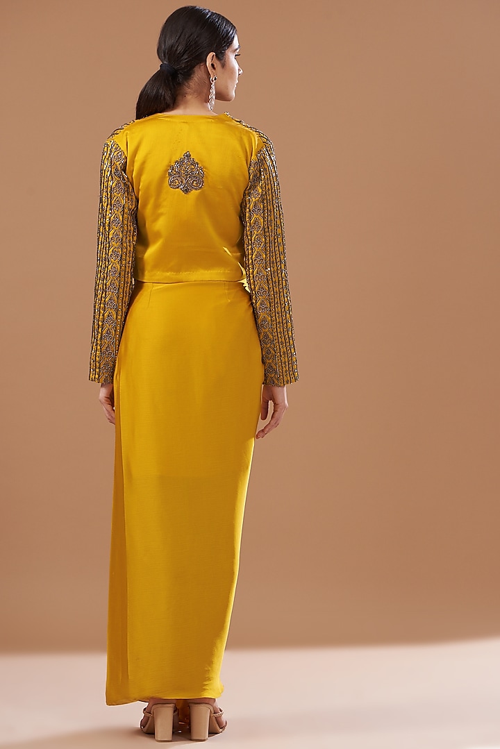 Mustard Satin Chiffon Embroidered Jacket Set by Bohame at Pernia's Pop Up Shop