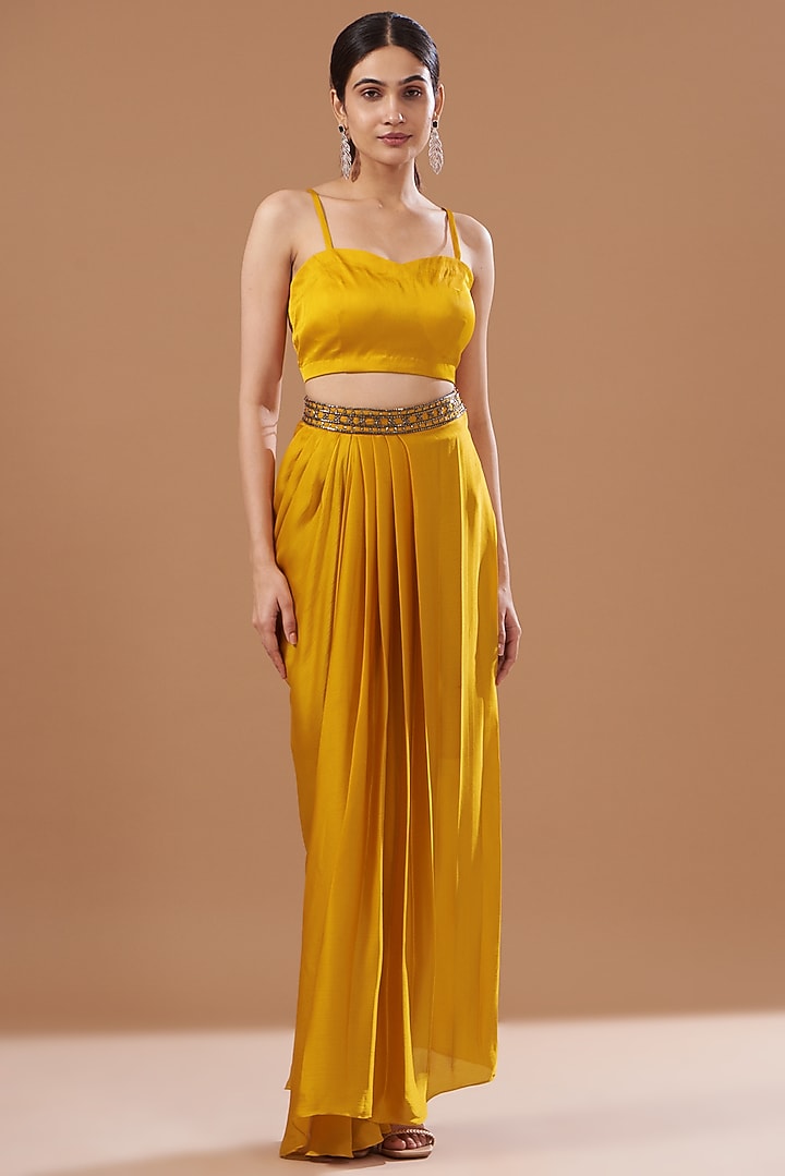 Mustard Satin Chiffon Embroidered Jacket Set by Bohame at Pernia's Pop Up Shop