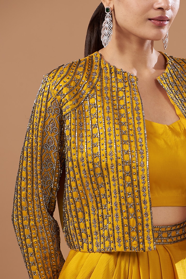 Mustard Satin Chiffon Embroidered Jacket Set by Bohame at Pernia's Pop Up Shop