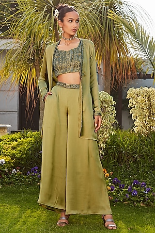 Sage Green Satin Chiffon Hand Embroidered Cape Set by Bohame