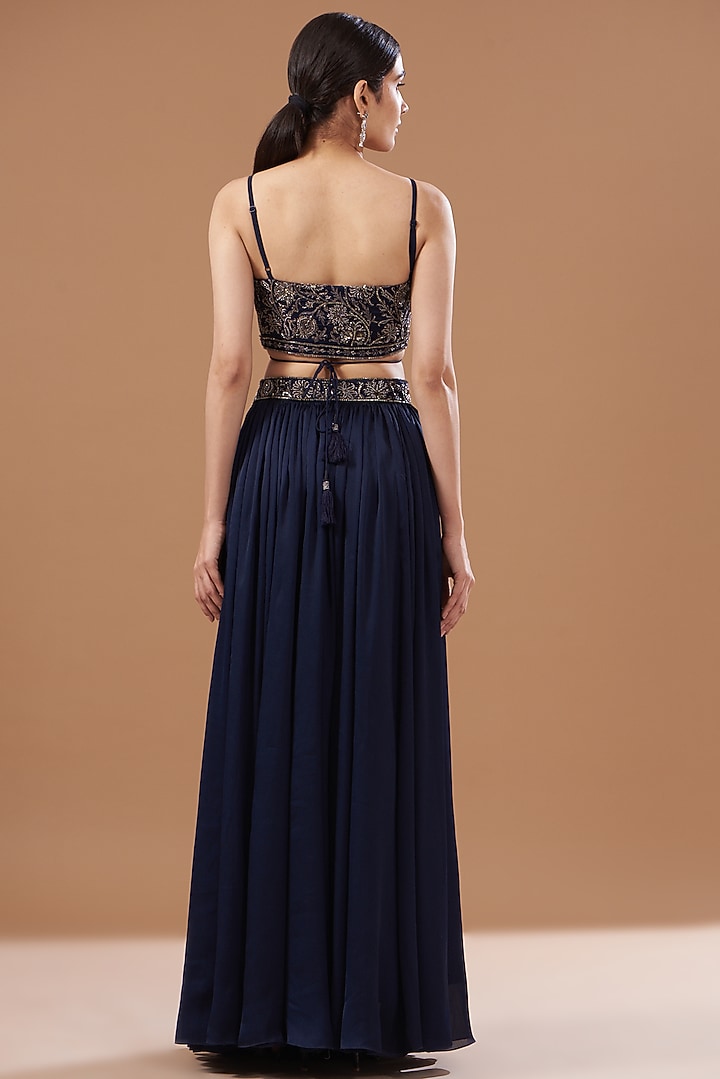 Navy Blue Satin Chiffon Hand Embroidered Wedding Lehenga Set by Bohame at Pernia's Pop Up Shop