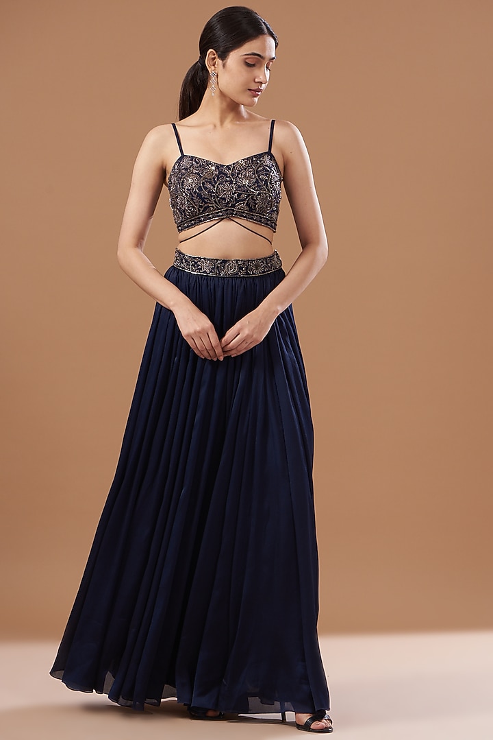 Navy Blue Satin Chiffon Hand Embroidered Wedding Lehenga Set by Bohame at Pernia's Pop Up Shop