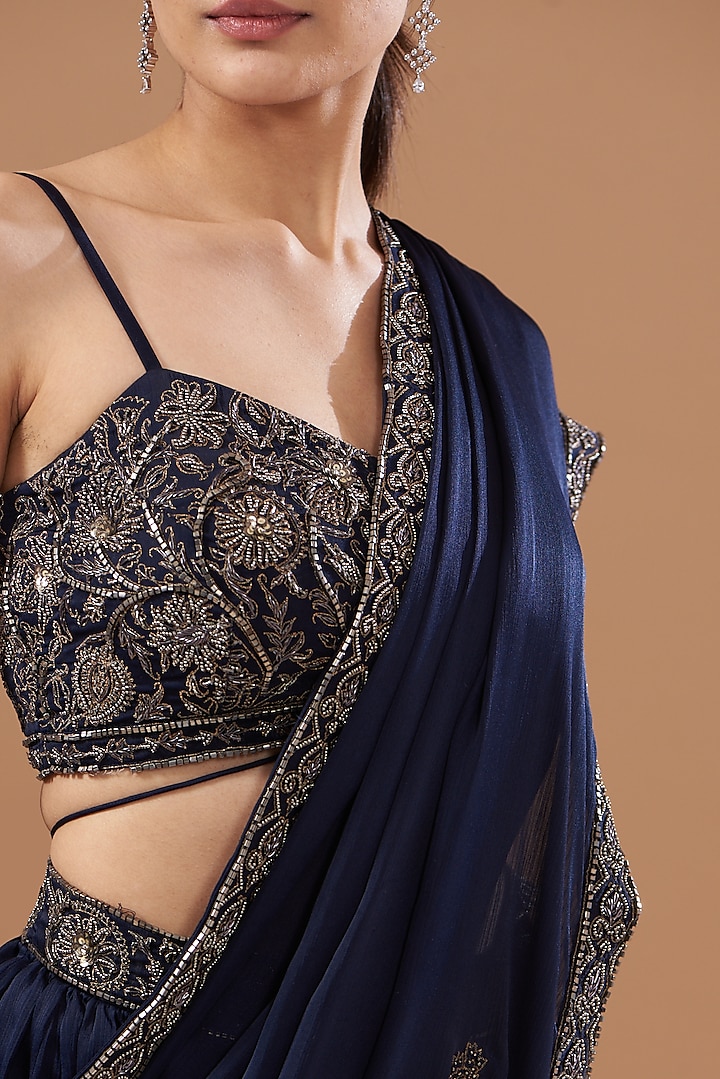 Navy Blue Satin Chiffon Hand Embroidered Wedding Lehenga Set by Bohame at Pernia's Pop Up Shop