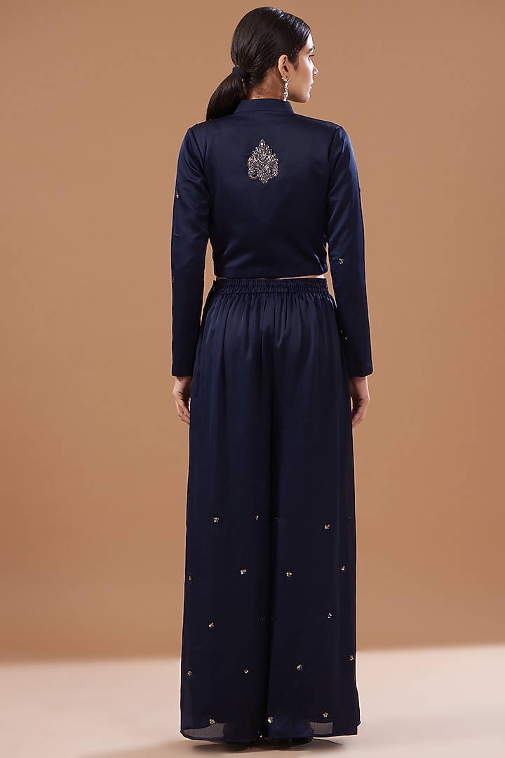 Navy Blue Satin Chiffon Hand Embroidered Jacket Set by Bohame at Pernia's Pop Up Shop
