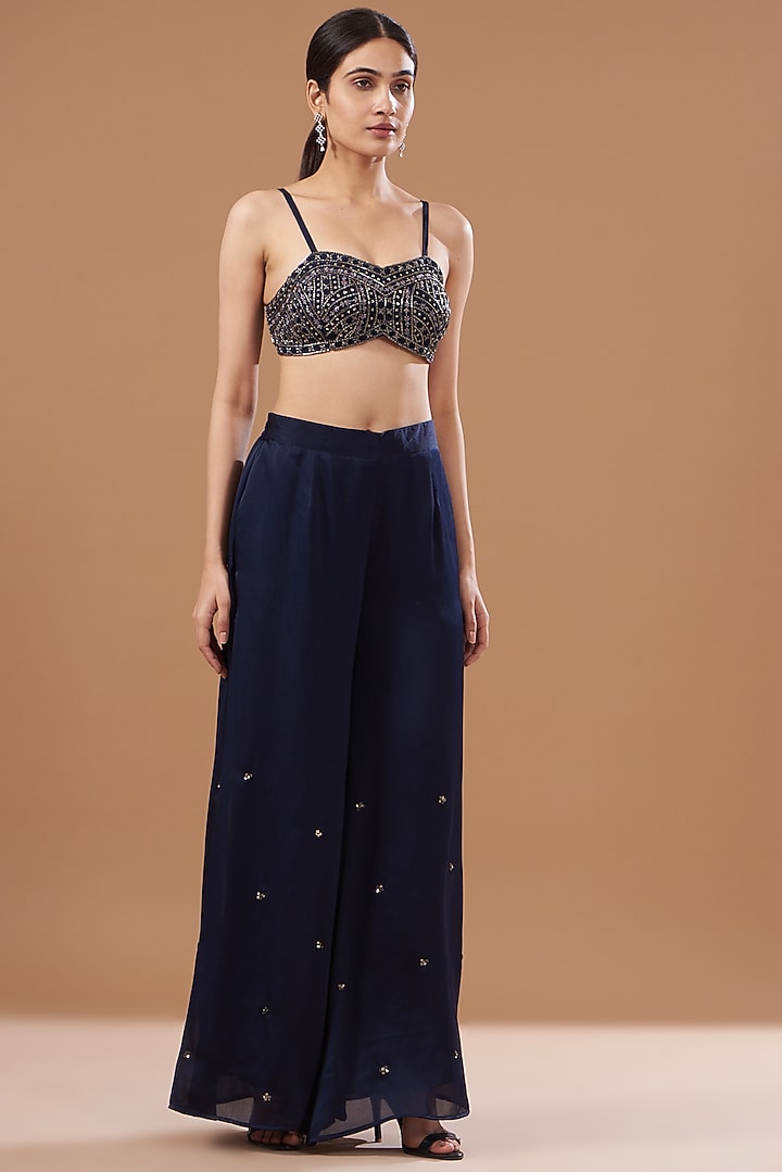 Navy Blue Satin Chiffon Hand Embroidered Jacket Set by Bohame at Pernia's Pop Up Shop