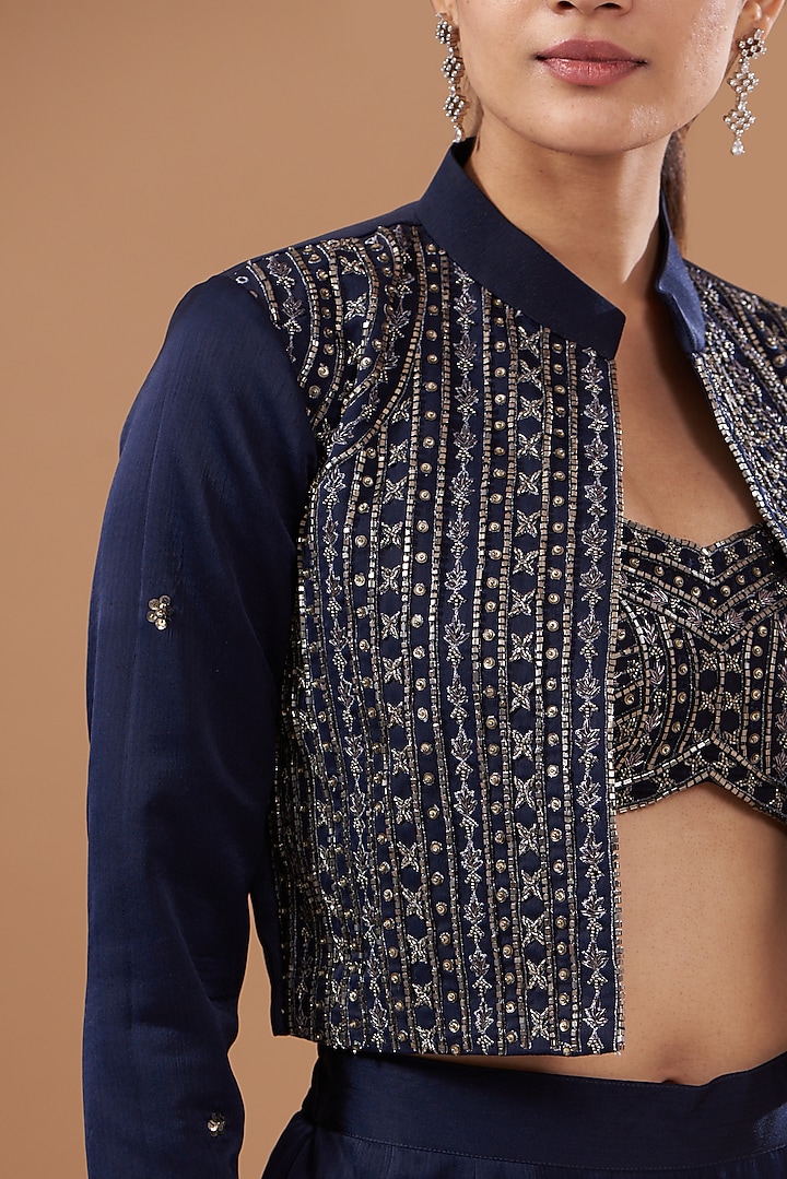 Navy Blue Satin Chiffon Hand Embroidered Jacket Set by Bohame at Pernia's Pop Up Shop