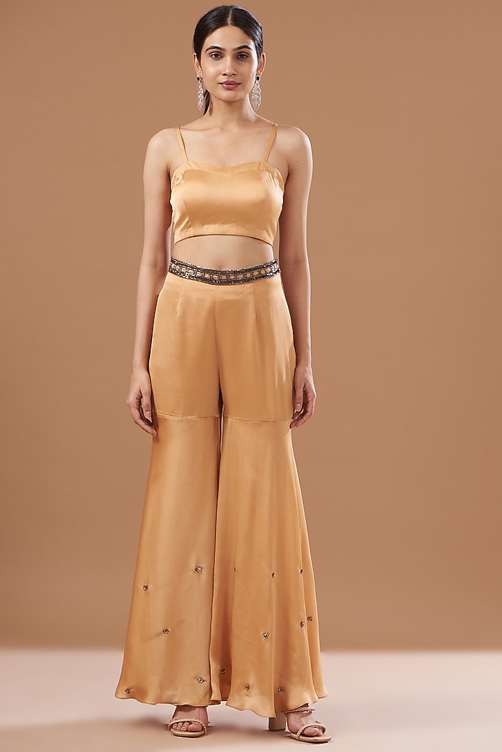 Rose Gold Satin Chiffon Hand Embroidered Cape Set by Bohame at Pernia's Pop Up Shop