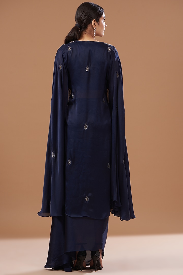 Navy Blue Satin Chiffon Draped Skirt Set by Bohame at Pernia's Pop Up Shop