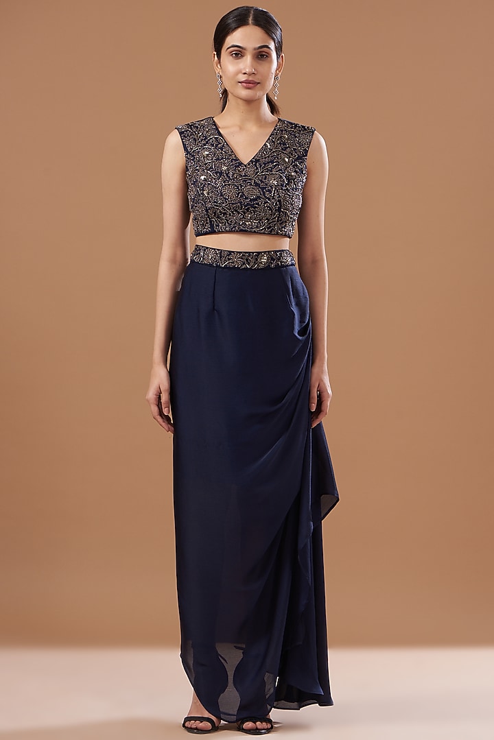 Navy Blue Satin Chiffon Draped Skirt Set by Bohame at Pernia's Pop Up Shop