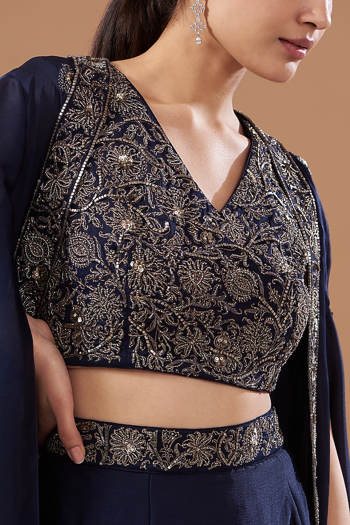 Navy Blue Satin Chiffon Draped Skirt Set by Bohame at Pernia's Pop Up Shop