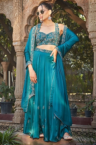 Teal Green Satin Chiffon Hand Embroidered Lehenga Set by Bohame