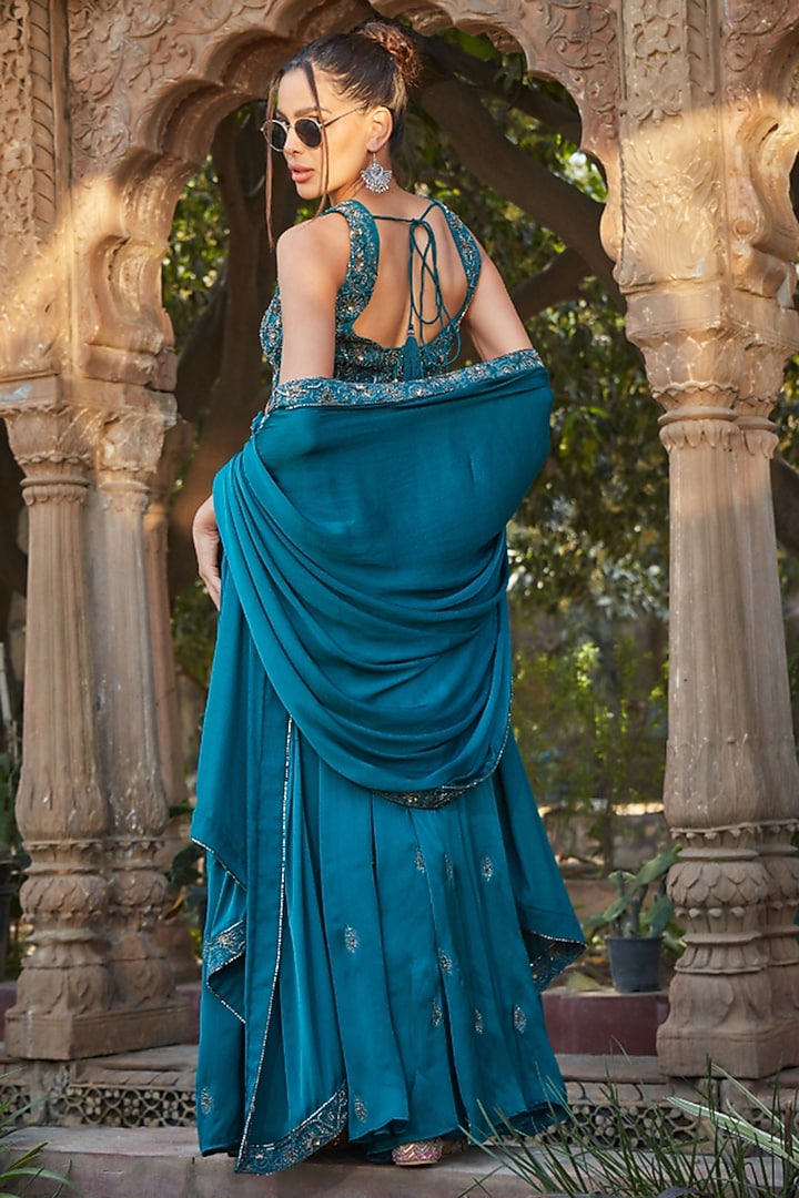 Teal Green Satin Chiffon Hand Embroidered Wedding Lehenga Set by Bohame at Pernia's Pop Up Shop