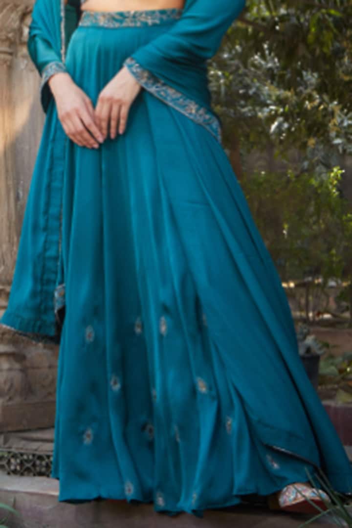 Teal Green Satin Chiffon Hand Embroidered Wedding Lehenga Set by Bohame at Pernia's Pop Up Shop