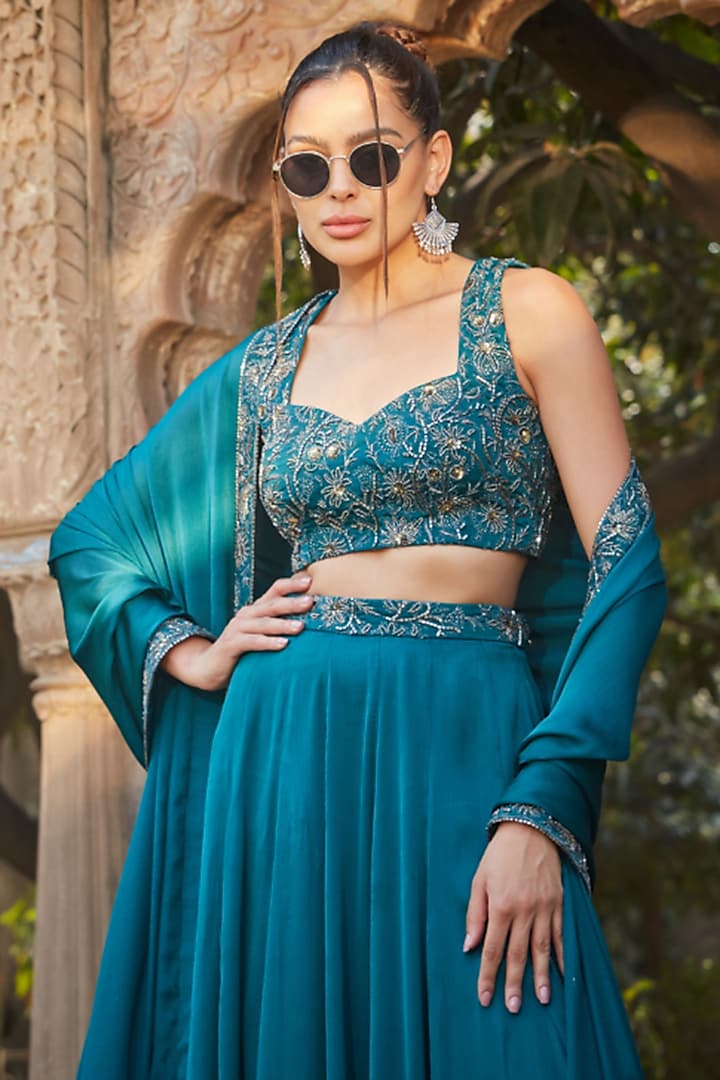 Teal Green Satin Chiffon Hand Embroidered Wedding Lehenga Set by Bohame at Pernia's Pop Up Shop