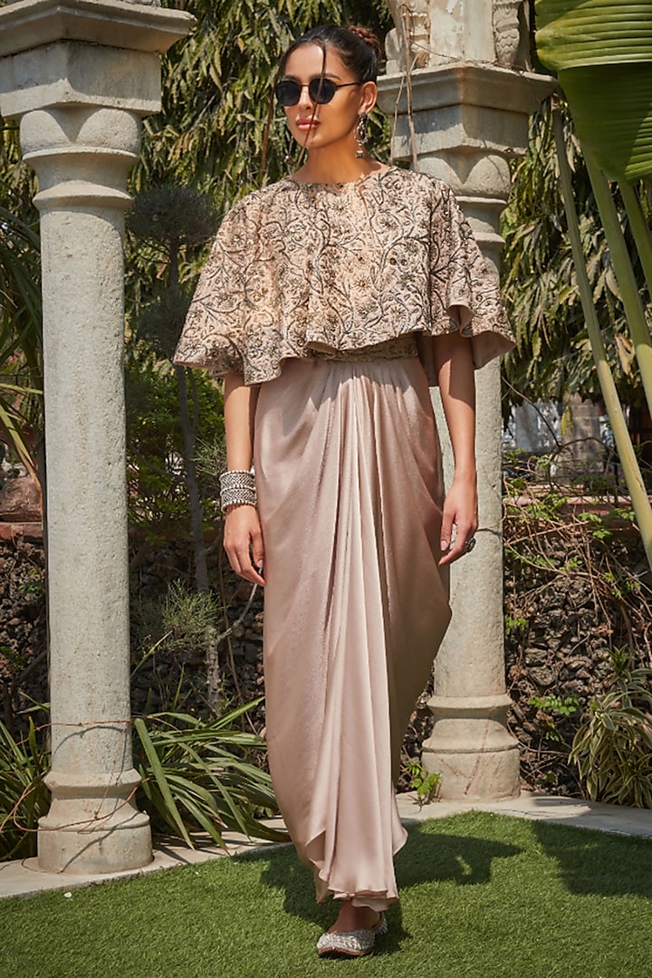 Champagne Satin Chiffon Draped Skirt Set by Bohame at Pernia's Pop Up Shop