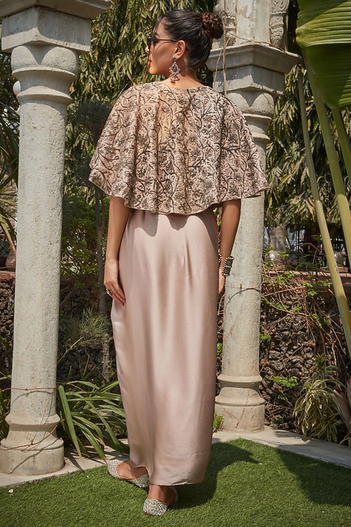 Champagne Satin Chiffon Draped Skirt Set by Bohame at Pernia's Pop Up Shop
