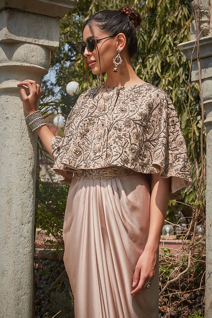 Champagne Satin Chiffon Draped Skirt Set by Bohame at Pernia's Pop Up Shop
