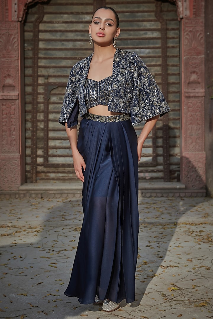 Navy Blue Satin Chiffon Draped Skirt Set by Bohame at Pernia's Pop Up Shop