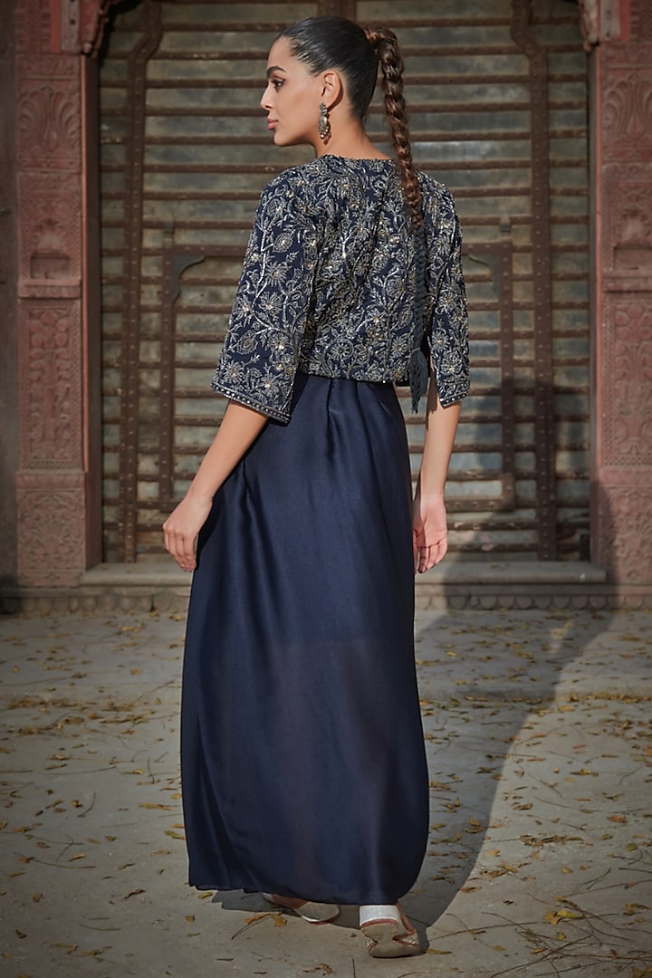 Navy Blue Satin Chiffon Draped Skirt Set by Bohame at Pernia's Pop Up Shop