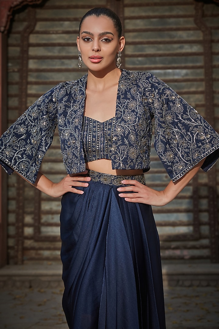 Navy Blue Satin Chiffon Draped Skirt Set by Bohame at Pernia's Pop Up Shop
