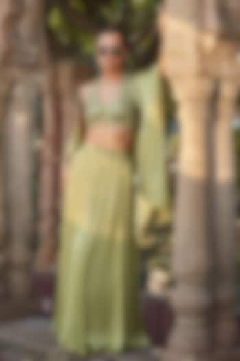 Sage Green Satin Chiffon Wedding Lehenga Set by Bohame at Pernia's Pop Up Shop