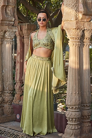 Sage Green Satin Chiffon Lehenga Set by Bohame