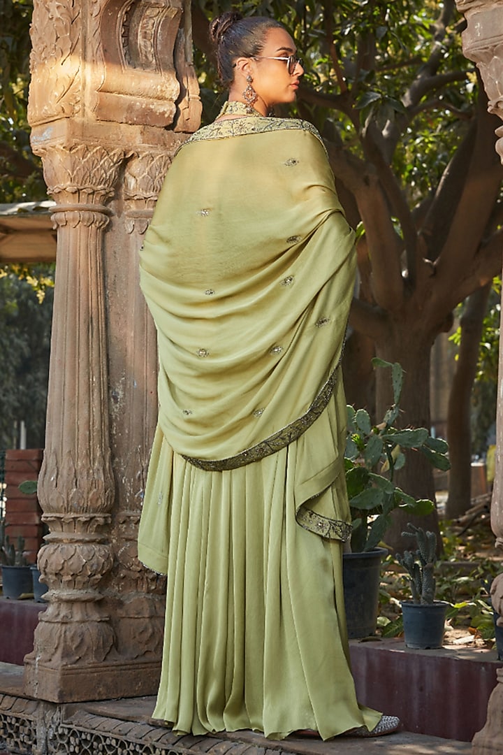 Sage Green Satin Chiffon Wedding Lehenga Set by Bohame at Pernia's Pop Up Shop