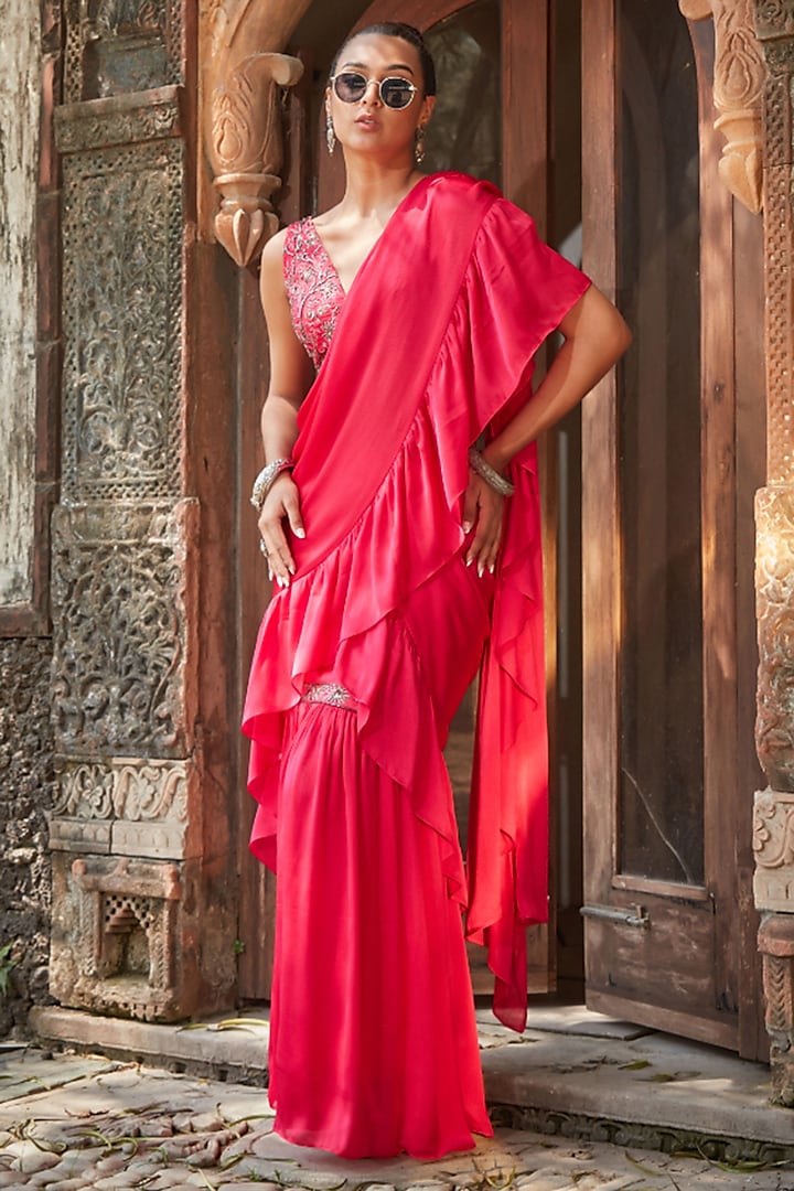 Hot Pink Satin Chiffon Pre-Draped Ruffled Saree Set by Bohame