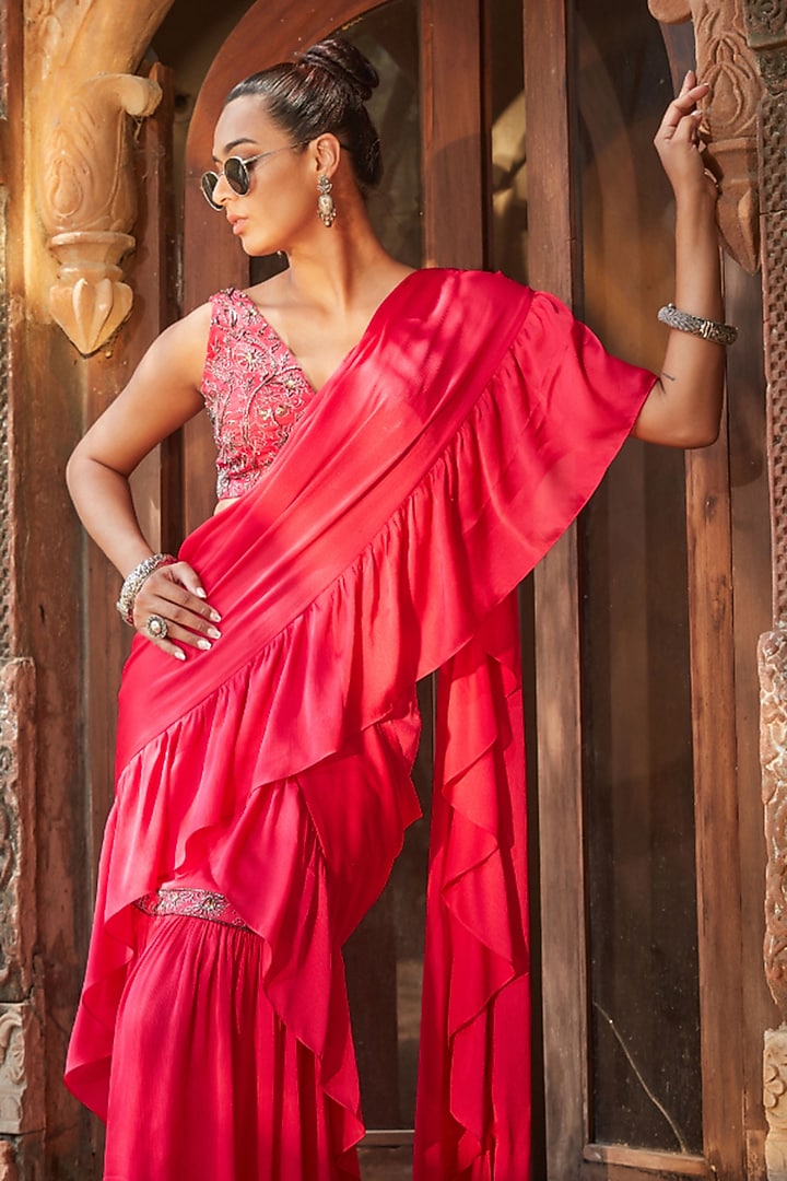 Hot Pink Satin Chiffon Pre-Draped Ruffled Wedding Saree Set by Bohame at Pernia's Pop Up Shop