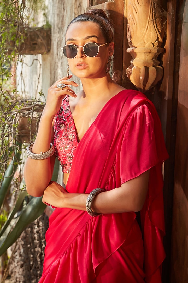 Hot Pink Satin Chiffon Pre-Draped Ruffled Wedding Saree Set by Bohame at Pernia's Pop Up Shop