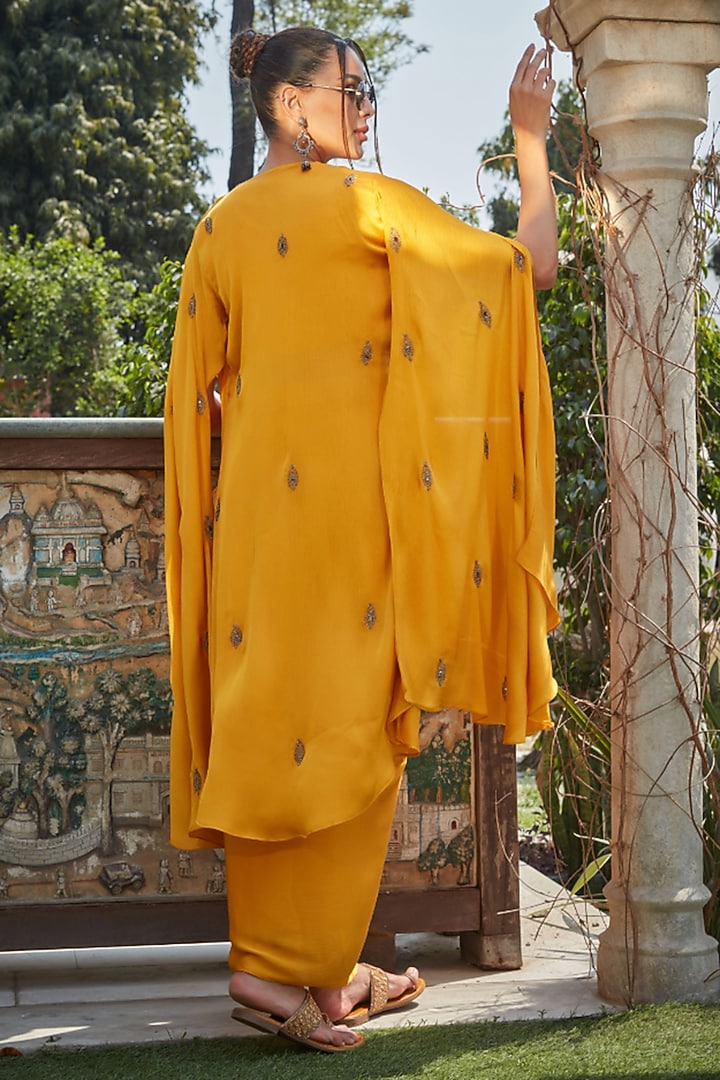 Mustard Satin Chiffon Draped Skirt Set by Bohame at Pernia's Pop Up Shop