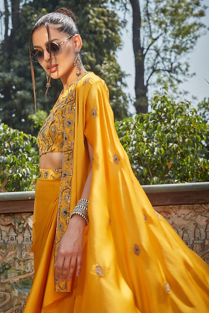 Mustard Satin Chiffon Draped Skirt Set by Bohame at Pernia's Pop Up Shop