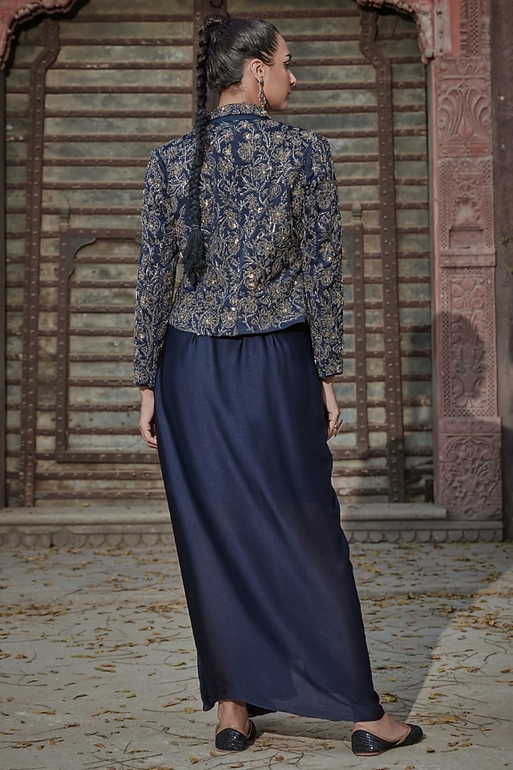 Navy Blue Satin Chiffon Draped Skirt Set by Bohame at Pernia's Pop Up Shop