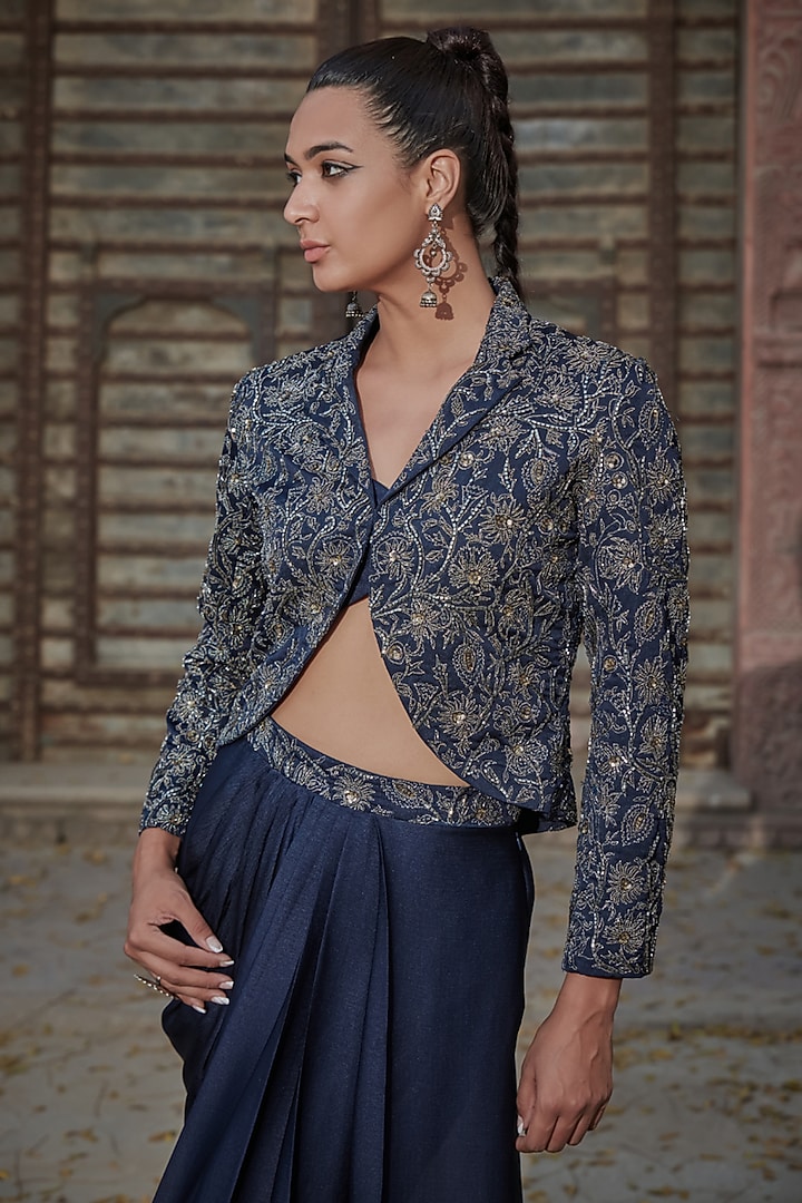 Navy Blue Satin Chiffon Draped Skirt Set by Bohame at Pernia's Pop Up Shop