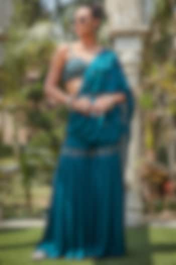 Teal Green Satin Chiffon Pre-Draped Concept Saree Set by Bohame