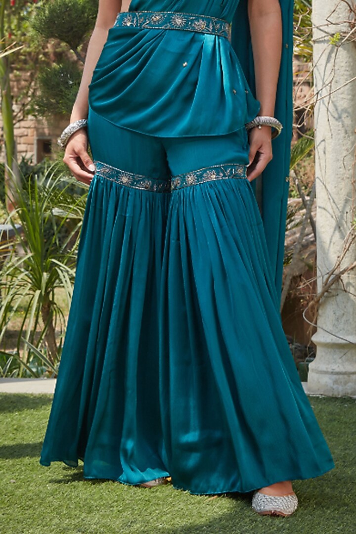 Teal Green Satin Chiffon Pre-Draped Concept Wedding Saree Set by Bohame at Pernia's Pop Up Shop