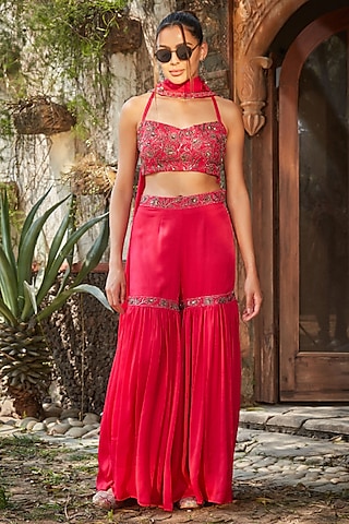 Hot Pink Satin Chiffon Sharara Set by Bohame